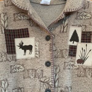 Cozy Cabincore Eclectic Grandpa Fleece Jacket w/ Moose Bear & Plaid Patches szM